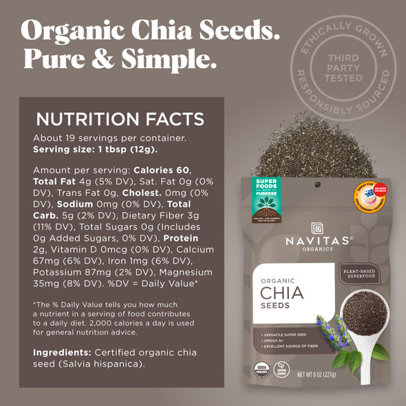 Navitas Organics - Chia Seeds – For Chia Pudding, Smoothies, Baking, Salads & More – Omega 3, Fiber, Minerals | 227gm | 0.5 lbs