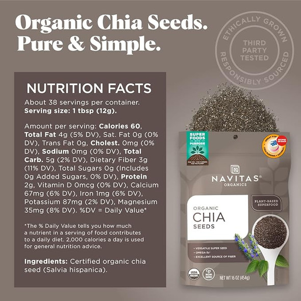 Navitas Organics - Chia Seeds – For Chia Pudding, Smoothies, Baking, Salads & More – Omega 3, Fiber, Minerals | 454gm | 1.0 lbs
