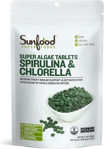 Sunfood Superfoods - Chlorella Spirulina Tablets - Spirulina and Chlorella Green Algae Tablets for Women & Men, Source of Chlorophyll | 113gm | 0.25 lbs