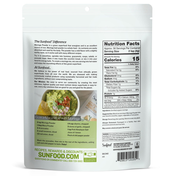 Sunfood Superfoods - Moringa Powder, Organic. Use for hair loss, weight loss. Pure Single Ingredient Product | 227gm | 0.5 lbs