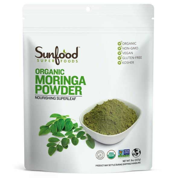 Sunfood Superfoods - Moringa Powder, Organic. Use for hair loss, weight loss. Pure Single Ingredient Product | 227gm | 0.5 lbs