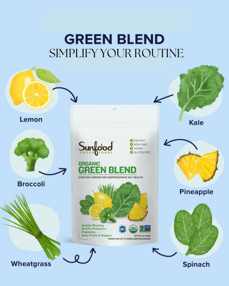 Sunfood Superfoods - Simple Nutrition, Green Blend, Organic New | 113gm | 0.25 lbs