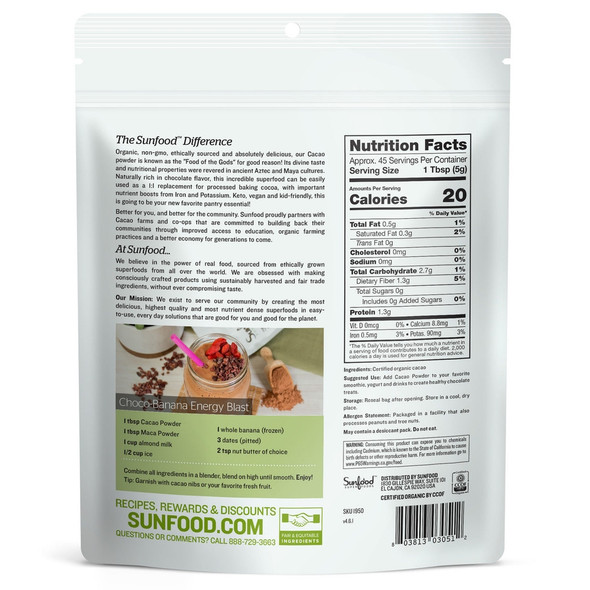 Sunfood Superfoods - Organic Cacao Powder Chocolate | 227gm | 0.5 lbs
