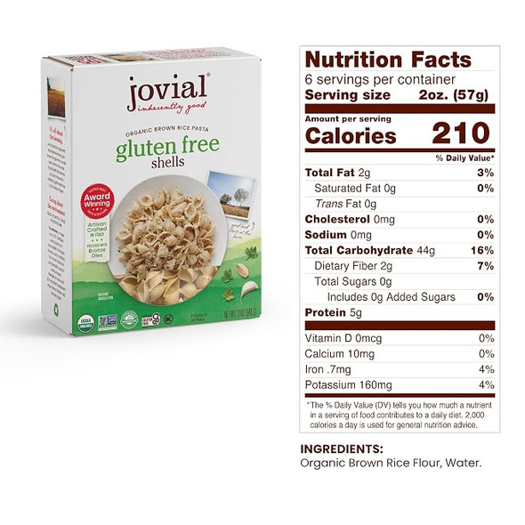 Jovial - Whole Grain Brown Rice Shells Pasta, Pasta Shells, Dairy Free | 340gm | 0.75 lbs