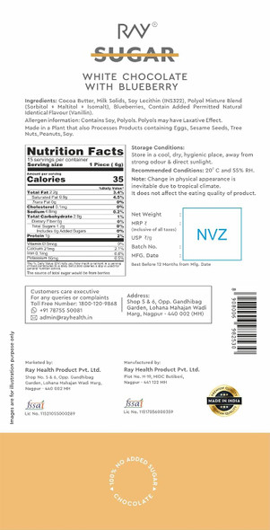 Ray Health - No Sugar-White Chocolate With Blueberry- No Sugar Chocolate, NO ADDED SUGAR | 90gm | 0.2 lbs
