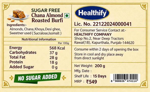 Healthify - Sugar Free Chana Almond Burfi Roasted Chana & Almond Indian Sweet | High Fiber Low Carb Traditional Mithai | Diabetic-Friendly | 200gm | 0.44 lbs
