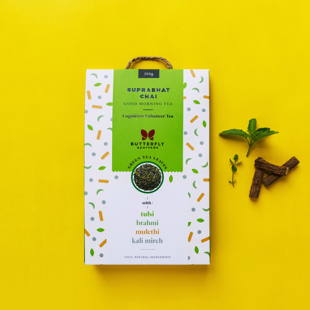 Suprabhat Chai (Darjeeling Green Tea Leaves with Tulsi, Mulethi, Brahmi, Black pepper)  | By  Butterfly Ayurveda  |  3.53 oz  |  0.22lbs