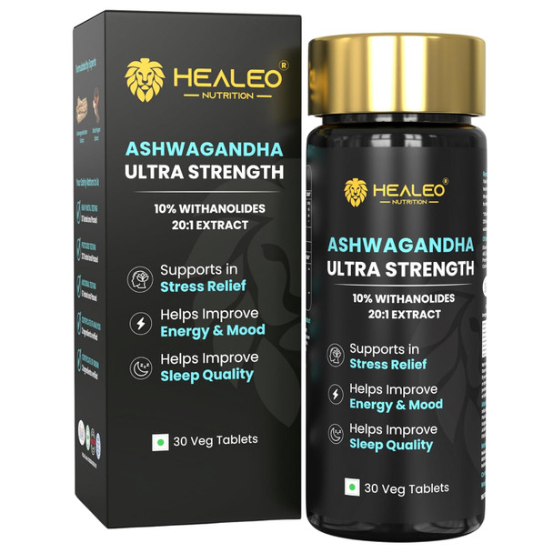 Healeo Ashwagandha Ultra Strength 710mg - 10% Withanolides, 20:1 Extract, 2x Stronger than KSM 66 Ashwagandha - Anxiety & Stress Relief, Energy & Mood Enhancer - Lab Tested - 30 Veg Tablets|30 caps|8.82 Oz