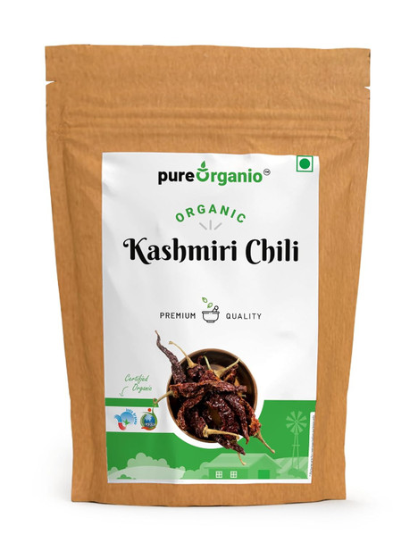 Pure Organio Organic Dried Kashmiri Chilli Whole Authentic Sun Dried Lal Mirch Spice Mild Flavor|200gm|7.05 Oz