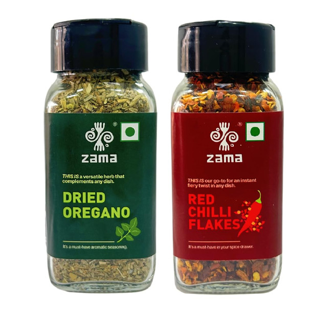 Zama Organics Seasoning combo pack | Dried Oregano 55 grams | Red Chilli Flakes 45 grams | Moisture-free| Authentic and Exotic Flavour | Pack of 2|3.52Oz|0.22lbs