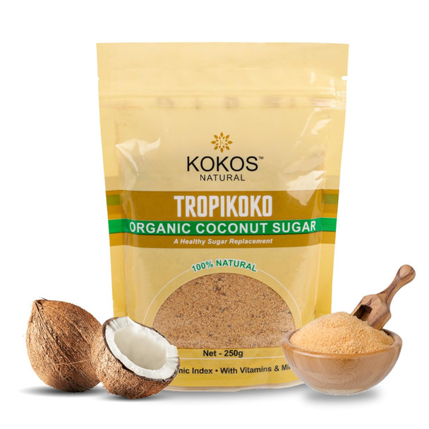 Kokos Natural- Tropikoko Organic Coconut Sugar - 250 Gm | 100% Natural Sugar Replacement | Contains 15 Essential Vitamins and Minerals | Organic Sugar | Sugar Substitute | Pack of 1|8.8Oz|0.55lbs