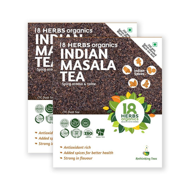 18 Herbs Organics Health with Herbs Indian Masala Tea (250 gram - Duplex Carton - Pack of 2) Tea Masala Chai Powder | Antioxidant Rich Chemical Free Powdered Chai Masala|8.8Oz|0.55lbs