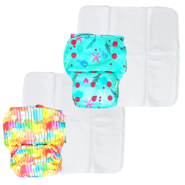 Kindermum Colourful Art and Sealife Lite Cloth Diaper With Quick Dry Organic Cotton Insert, daytime reuseable diaper fits 0-4 years baby - Pack of 2 (Colorful Art Seal)|5.268736Oz|0.329296lbs