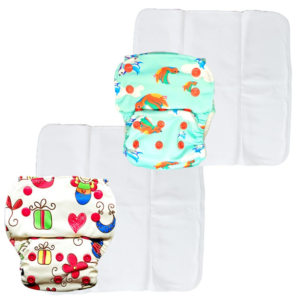 Kindermum Baby Doodle and Birdie Lite Cloth Diaper With Quick Dry Organic Cotton Insert, daytime reuseable diaper fits 0-4 years baby - Pack of 2 (Baby Doll Birdie)|5.268736Oz|0.329296lbs