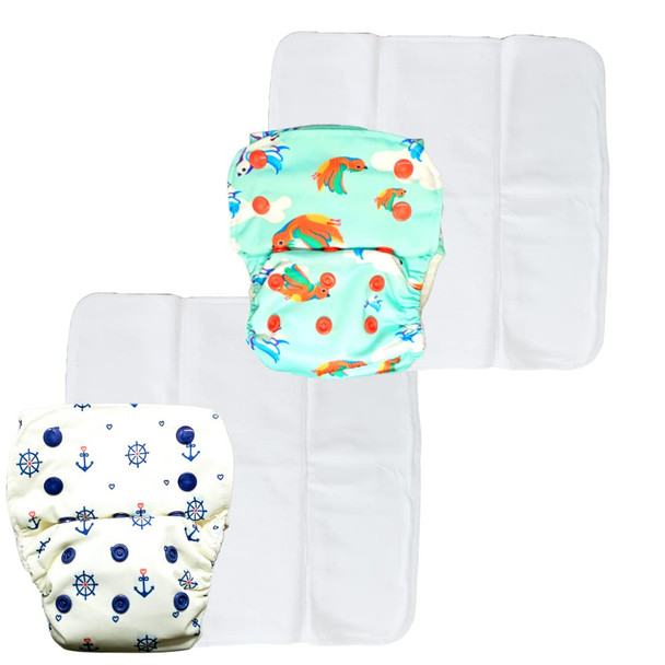 Kindermum Anchor and Sealife Lite Cloth Diaper With Quick Dry Organic Cotton Insert, daytime reuseable diaper fits 0-4 years baby - Pack of 2 (Anchor Birdie)|3.52Oz|0.22lbs