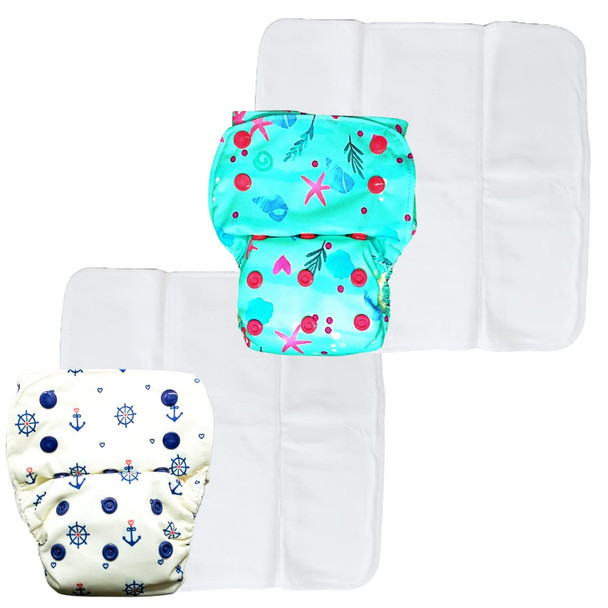 Kindermum Anchor and Sealife Lite Cloth Diaper With Quick Dry Organic Cotton Insert, daytime reuseable diaper fits 0-4 years baby - Pack of 2 (Anchor Seal Life)|5.27296Oz|0.32956lbs