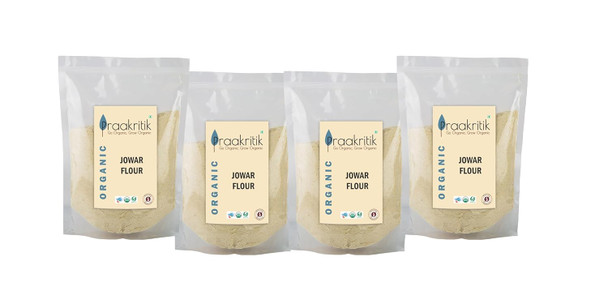 Praakritik Organic Jowar Atta | 100% Natural Sorghum Flour | Gluten-Free Organic Jowar Atta | Daily Use Atta | No Added Preservatives & Colors | Pack of 4 | 500 Grams Each|70.4Oz|4.4lbs