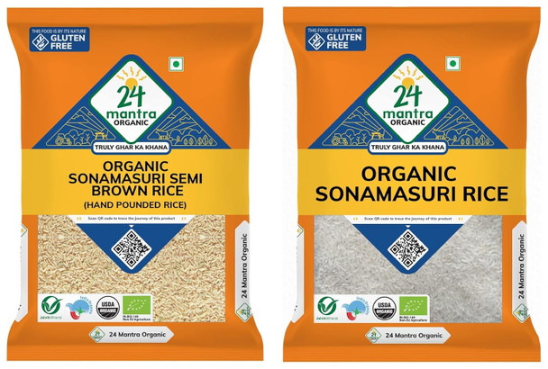24 Mantra Organic Sonamasuri Unpolished Semi Brown Rice/Handpounded/Semi Brown Chawal|352Oz|22lbs