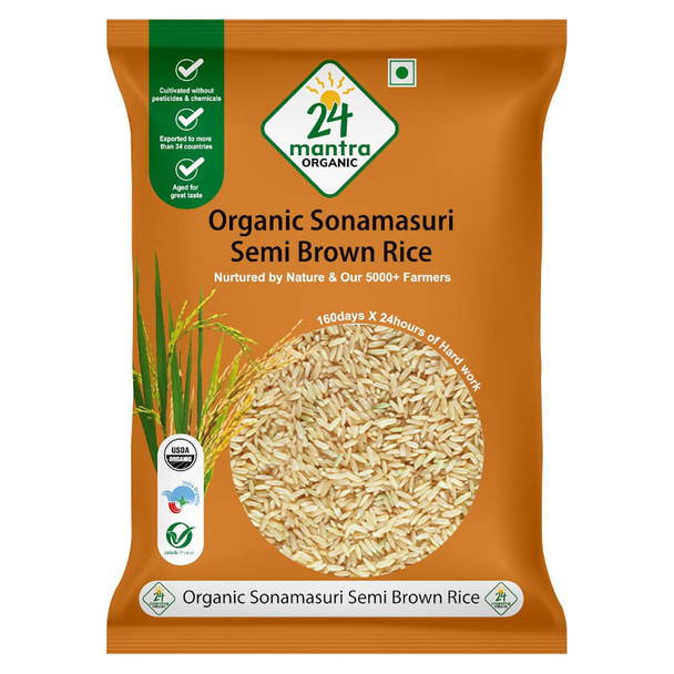 24 Mantra Organic Sonamasuri Unpolished Semi Brown Rice/Handpounded/Semi Brown Chawal- 5 Kg ,100% Organic|176Oz|11lbs