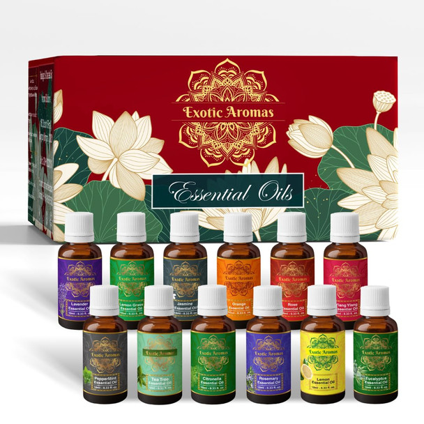 Exotic Aromas Essential Oil Lavender Rose Rosemary Orange Jasmine YlangYlang Tea Tree Eucalyptus Lemongrass Peppermint Lemon Citronella Pack of 12 [Fittuber Recs]