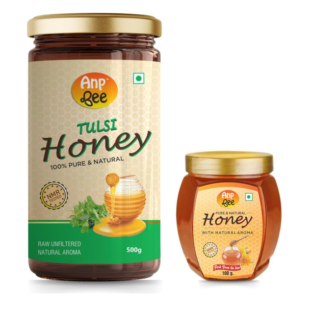 ANP BEE 100% Pure Honey Mix Combo Pack I Raw Unpasteurized & Unfiltered Honey I Rich in Antioxidants, Immune Booster, Energy Enhancer I Organic Sweetener for Tea, Smoothies, Baking (500gm Combo, Tulsi & Natural Honey)
