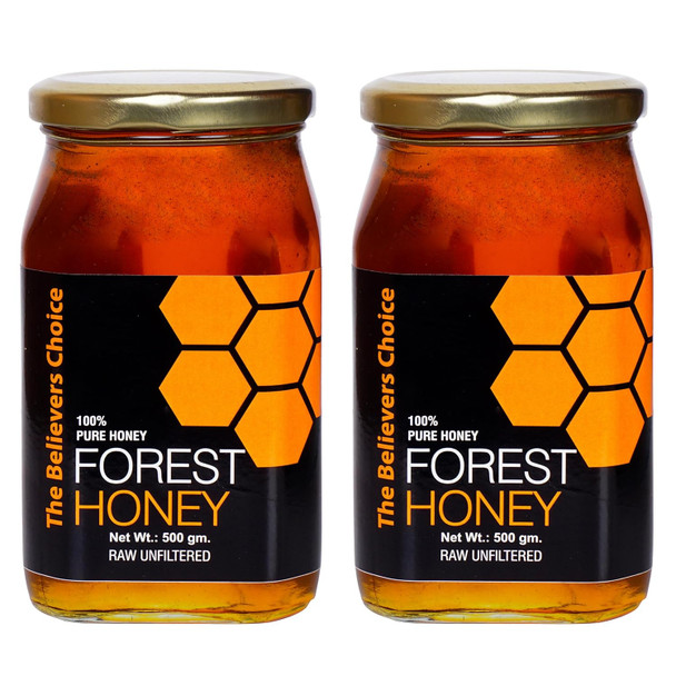 The Believers Choice Raw Organic Forest Honey, Wild, Unprocessed, Unheated, Non Pasteurized, Original Honey 100% Pure and Natural, Collected from Deep Forest - 500 Grams Glass Jar (Pack of 2)