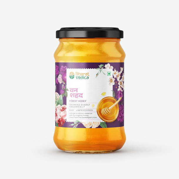 Bharat Vedica Wild Forest Honey 350gm | 100% Pure & Organic | Raw, Unprocessed & Natural | No Sugar Adulteration | Lab Certified | Glass Jar Packaging