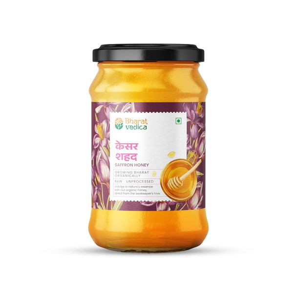 Bharat Vedica Saffron (Kesar) Honey 350gm | 100% Pure & Natural | Raw Honey Organic Unprocessed | No Sugar Adulteration | Lab Certified | Glass Jar