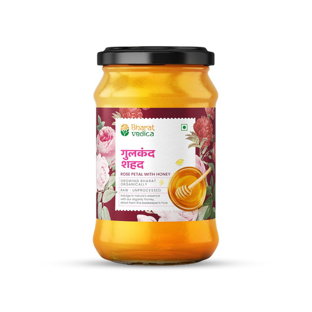 Bharat Vedica Rose Petal (Gulkand) Honey 350gm | 100% Pure & Natural | Raw, Unprocessed & Organic Honey | No Sugar Adulteration | Lab Certified | Glass Jar