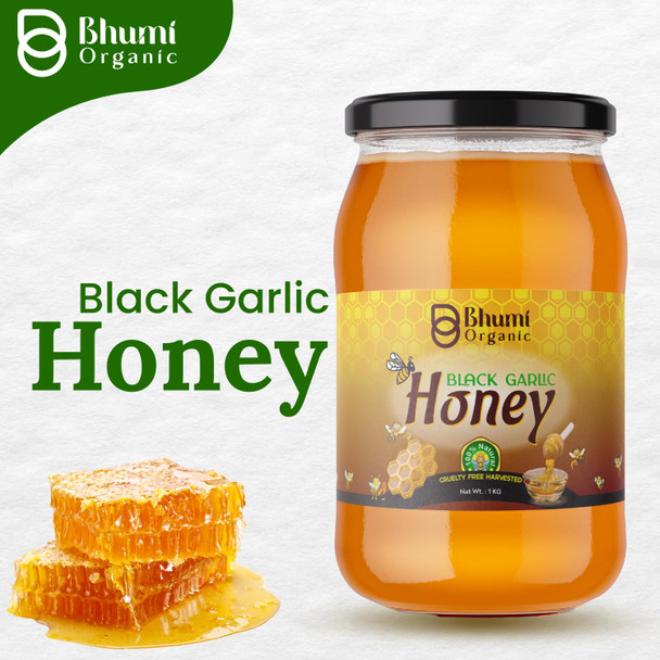Bhumi Organic Black Garlic Infused Honey (500 GM) | Premium Raw Honey with Aged Black Garlic | Boosts Immunity & Wellness | Unique Flavor