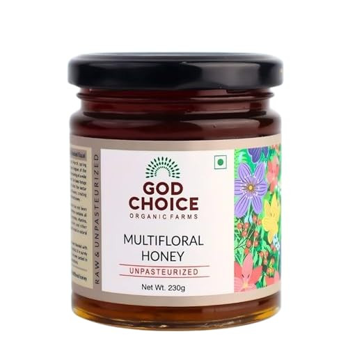 God Choice Organic Farms – 230 GM Raw Multifloral Honey | Unpasteurized |Unprocessed | Unfiltered | Unblended | Sugar Free | Pure & Organic Honey (Glass Jar)