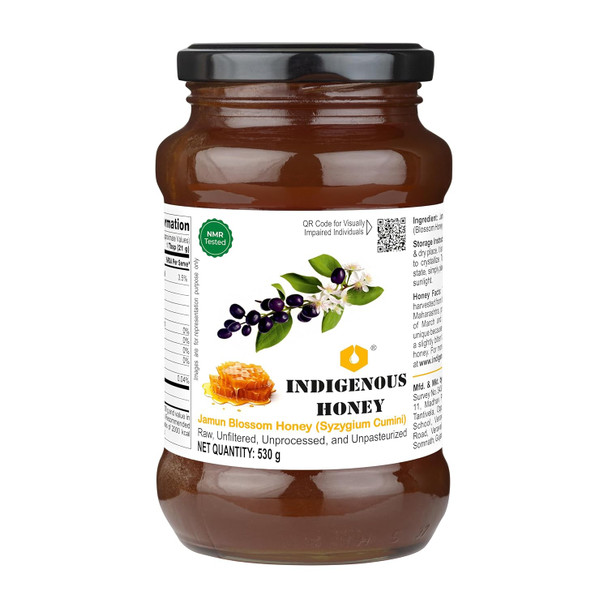 INDIGENOUS HONEY Jamun Honey Raw Organic Natural Pure Unprocessed NMR Tested Unpasteurized Unheated 530g Glass Jar Pack of 1