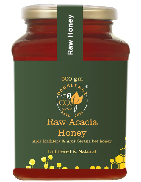 ORGBLENDZ-Certified Organic Raw unprocessed Kashmir Wild Acacia Honey,Unrefined,Non Pasteurized,Lab Tested Sugarfree,antioxidants| Honey in Fresh|Chemical Free, No Adulteration (500 GM)