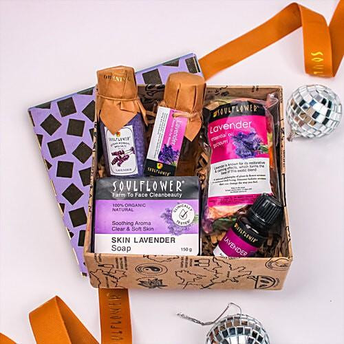 Soulflower Festive Day Beauty Gift Box Lavender Try Me Gift Pack For Men Women, 100% Natural Organic|5 pcs