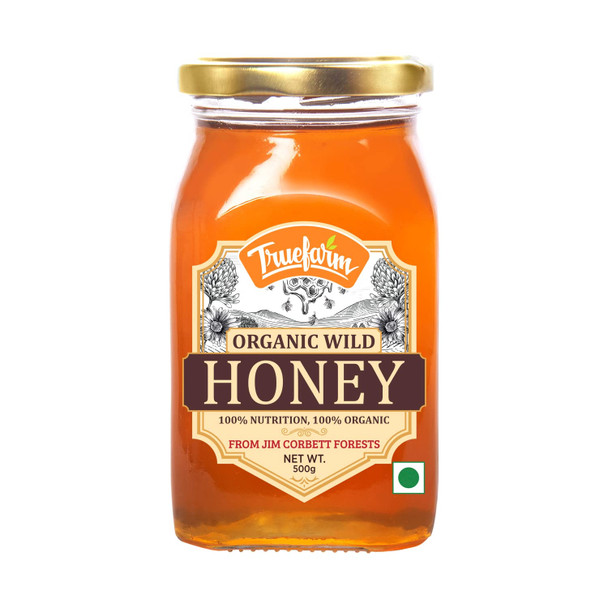 Truefarm Organic Wild Honey | Sourced from Jim Corbett Forests | Rich in Antioxidants | Pure Raw Honey | No added Sugar, Color & No preservatives | Helpul for Ulcers & Weight loss | Pack of 1 (500g)