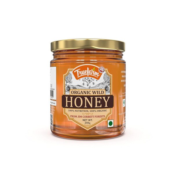 Truefarm Organic Wild Honey | Sourced from Jim Corbett Forests | Rich in Antioxidants | Pure Raw Honey | No added Sugar, Color & No preservatives | Helpul for Ulcers & Weight loss | Pack of 1 (250g)