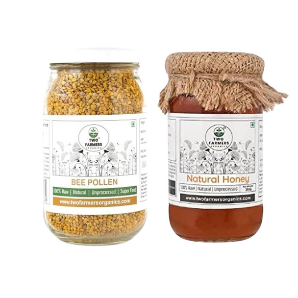 Two Farmers Organics Raw & Unprocessed Multifloral Honey & Bee Pollen Grains – Natural Superfood – 200g Grains & 250g Honey