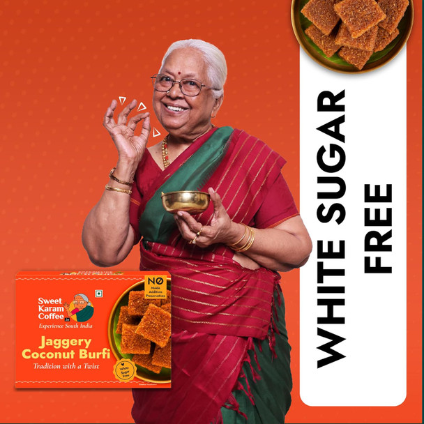 Sweet Karam Coffee Jaggery Coconut Burfi Squares – 150grams | No Refined Sugar or Preservatives | Traditional South Indian Mithai | Made with Natural Jaggery & Coconut | Healthy & Homemade Treat Sweet Karam Coffee Jaggery Coconut Burfi Squares – 150grams | No Refined Sugar or Preservatives | Traditional South Indian Mithai | Made with Natural Jaggery & Coconut | Healthy & Homemade Treat
