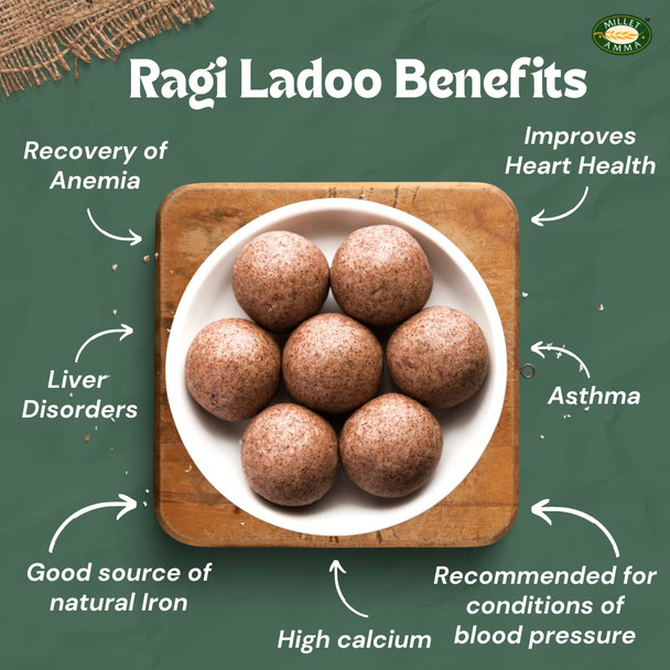 Millet Amma Ragi Ladoo 300g | Ready to Eat | Made with Jaggery | (Finger Millet Laddu - Mandua, Nachani,Nagli, Bavto,Kelvaragu,Ragi,Ragulu,Marwa,Mandhuka, Mandhal) |