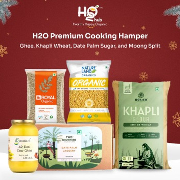 H2o Premium Cooking Hamper- Ghee (1 kg), Khapli Wheat (5 kg),  Organic Coconut Sugar (500g x 2), Moong Split(1 kg),  Barnyard Millet (2 kg)