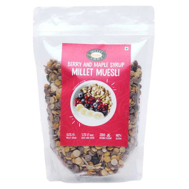 MILLET AMMA Berries Muesli| Coated with Berry & Maple Syrup | Gluten free, Best Choice for Millet Snacks & Breakfast Cereal | Rich in Fiber |300gm|0.66 lbs