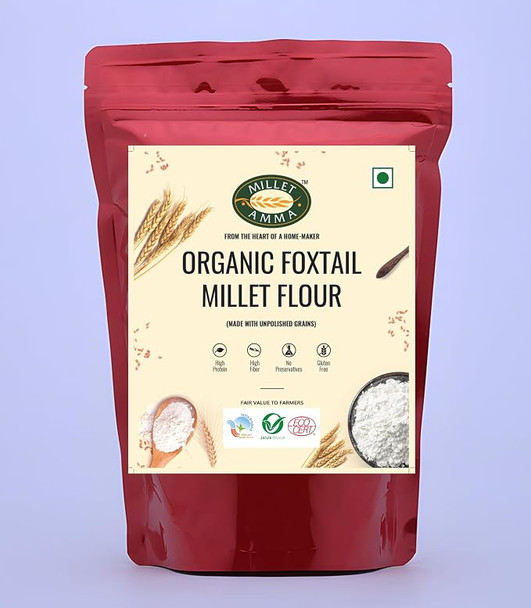 Millet Amma CERTIFIED ORGANIC Foxtail Millet Flour  | Made with Unpolished Millet | Suitable for Multiple Millet Recipes (Pongal, Dhokla, Porridge) | High Fiber & Rich in Iron |500gm|1.1 lbs
