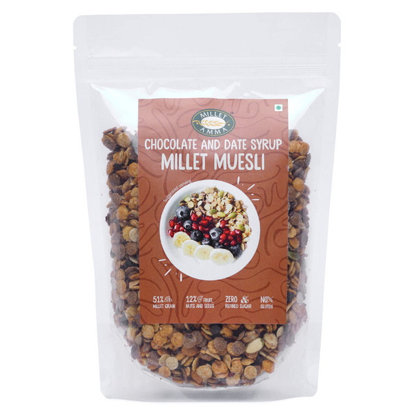 Millet Amma Chocolate Muesli  | Coated with Chocolate and Date Syrup | Gluten free, Best Choice for Millet Snacks & Breakfast Cereal | Rich in Fiber 300gm|0.66 lbs