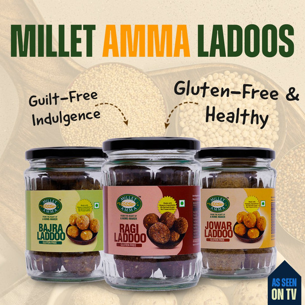 MILLET AMMA Laddo Combo | Pack of 3 Varieties ( Ragi , Jowar & Bajra Laddoo)|900gm|1.98 lbs
