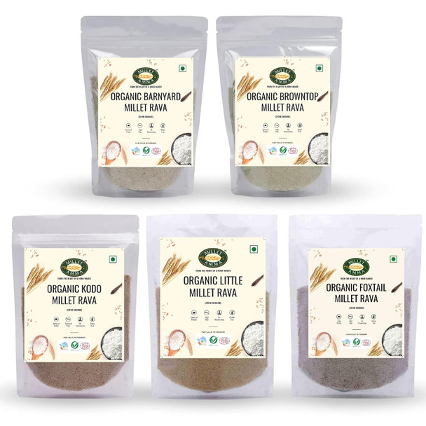 MILLET AMMA Siridhanya Grain Rava Combo, CERTIFIED ORGANIC Millet Pack of 5-2.5Kg, Positive Millets Due to its Balanced Nutritional Profile, Kodo, Foxtail, Browntop, Little, Barnyard by MILLET AMMA|2500gm|5.51 lbs