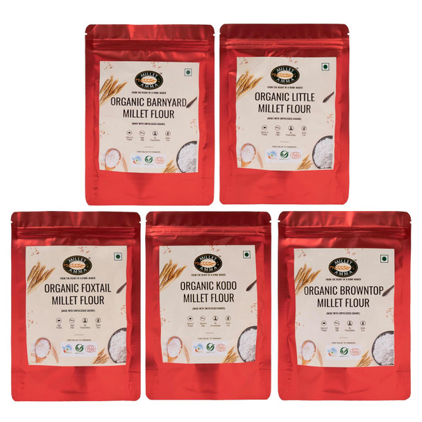 Millet Amma Siridhanya Flour Combo Organic Millet Pack of 5 (5 Kg - Each 1 Kg) | Positive Millets due to its balanced Nutritional Profile | Kodo , Foxtail, Browntop, Little, Barnyard|5000gm|11.02 lbs
