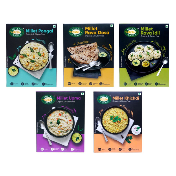 MILLET AMMA Organic Millet Breakfast Mix Combo Pack of 5 | Millet Pongal Mix + Millet Khichdi Mix + Millet Rava Idli Mix + Millet Rava Dosa Mix+ Millet Rava Upma Mix | 250gm Each  |1250 gm|2.75 lbs