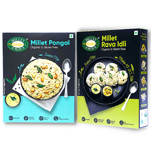 MILLET AMMA Idli and Pongal Breakfast Combo Pack of 2 | Millet Rava Idli Mix + Millet Pongal Mix |EACH 250gm|0.55 lbs
