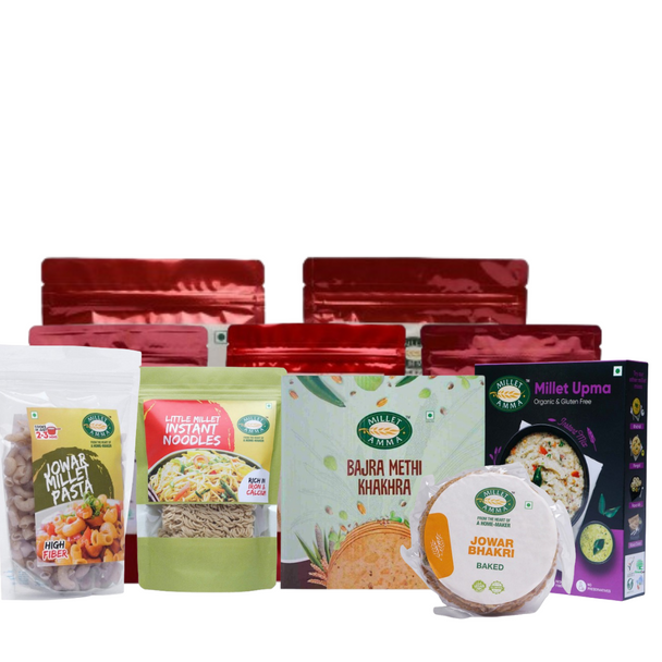 Millet Amma Diabetic Friendly Millet Combo No. 2 - Siridhanya Flour Combo of 500gram each+ Millet Rava Upma Mix+Jowar millet pasta+Bajra methi Khakra+Jowar Bhakri+Little Millet Instant Noodles by MILLET AMMA|1500gm|3.31 lbs