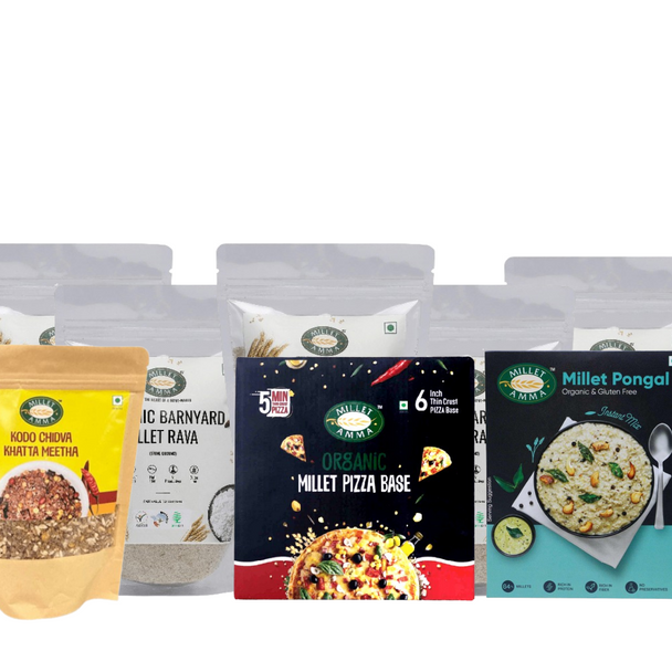 Millet Amma NutriEssence Combo 3 - Siridhanya Rava Combo of  +Pongal Mix +Millet Pizza Base+Kodo Khatta Meeta Chivda each 500gm |1500gm|1.1 lbs